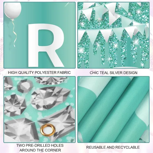 Miniatura 5 de Cartel de puerta de feliz cumpleaños plateado verde azulado con diamantes de imitación turquesa, decoración de cumpleaños azul claro dulce 16 feliz