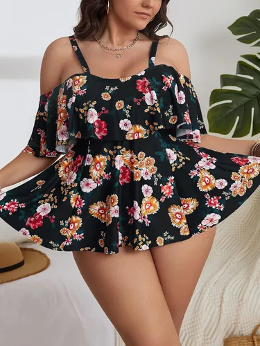 Miniatura 3 de SOLY HUX Traje de baño tankini de 2 piezas para mujer, talla grande, estampado floral, hombros descubiertos, ribete de volantes, traje de baño, Azul