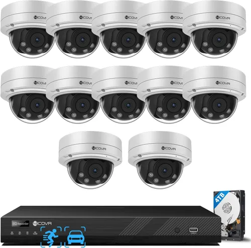 4COVR 16 Channel PoE Security Camera System for Business, 12Pcs IK10 Vandal-Proof 5MP 2.8-12mm Dome IP Cameras IP67, Human/Vehicle Detection, 16CH