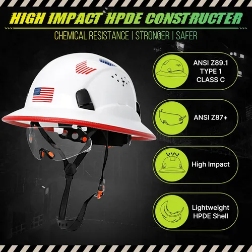Miniatura 2 de Cascos De Construcción de ala completa Cascos de seguridad aprobados por OSHA con visera transparente - Casco de seguridad de construcción ventilado