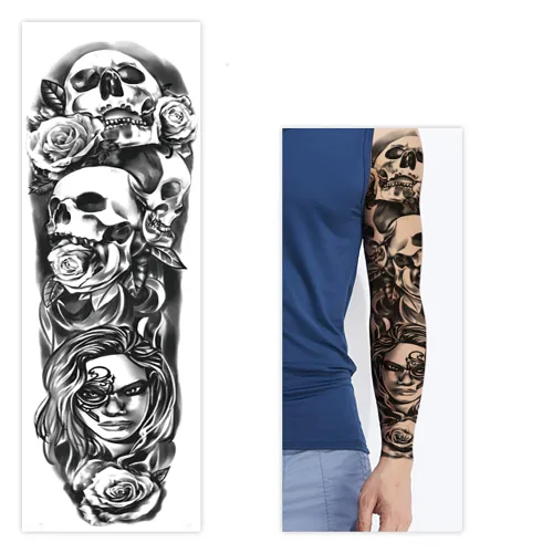 Miniatura 4 de Tatuajes temporales de Halloween, tatuajes temporales de 4 hojas de calavera de manga completa y 4 hojas de calcomanías de tatuaje de medio brazo