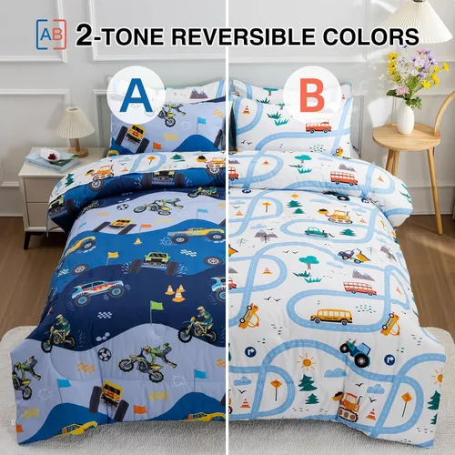 Miniatura 2 de A Nice Night Juego de edredón de 5 piezas de cama en una bolsa, diseño de caricaturas de dibujos animados para niños, juego de ropa de cama de Azul