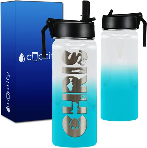 Miniatura 2 de Botella de agua personalizada para niños con tapa de popote en azul aguamarina degradado para la escuela, nombre personalizado para niños, 18 onzas