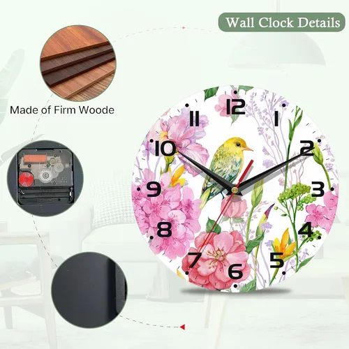 Miniatura 3 de Reloj de pared con pilas, reloj de pájaro para sala de estar, flores de acuarela, reloj de pared decorativo para sala de estar, dormitorio, baño