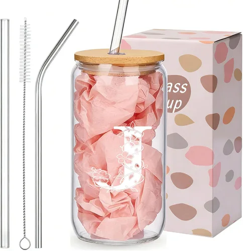 Miniatura 16 de Regalos personalizados para mujeres, tazas de vidrio con monograma con tapas y pajitas, regalos personalizados para mujeres, vasos de café helado