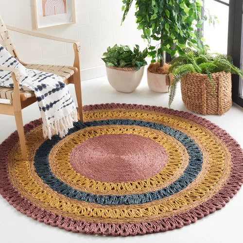Miniatura 4 de SAFAVIEH Alfombra redonda de fibra natural NF201C de 3 pies, redonda, azul, multicolor, hecha a mano con encanto bohemio y de yute