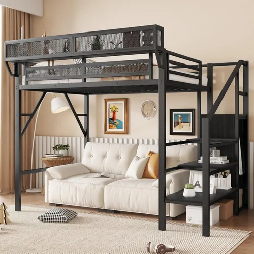 Miniatura 3 de Cama alta convertible de tamaño individual con escaleras de almacenamiento, estantes y armario, marco de cama de metal con barandilla de seguridad