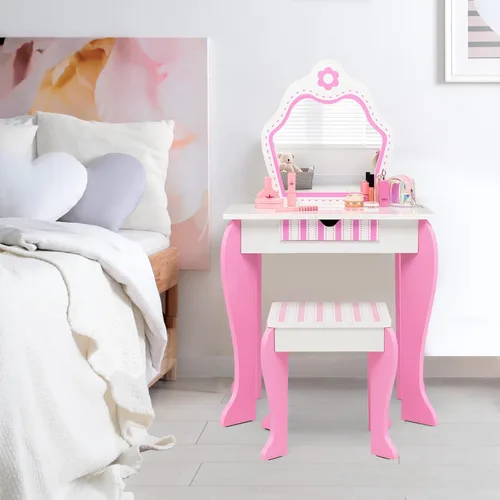 Miniatura 8 de HONEY JOY Tocador para Niños, Mesa de Maquillaje para Niños Pequeños con Espejo y Taburete, Tocador de Madera de Juego de Simulación para Niñas
