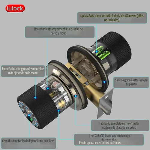 Miniatura 4 de iulock Cerradura de puerta inteligente con teclado y llave, 50 códigos de usuario, impermeable, bloqueo automático, negro mate