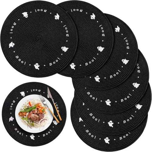 Tioncy 6 manteles individuales de plástico para Halloween, redondos, bordados, fantasmas, 13.5 pulgadas, color negro, fantasmas espeluznantes, cena,