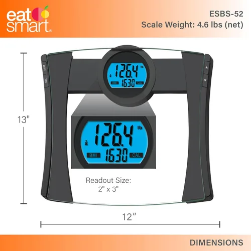 Miniatura 3 de Báscula de baño de 440 libras EatSmart Precision CalPal Digital, análisis de capacidad, IMC y calorías ingeridas, ESBS-52, Negro, 1, 1