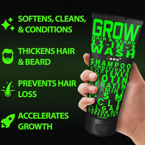 Miniatura 2 de Champú y acondicionador para barba 11 en 1 – CRECE cabello y barba crecimiento lavado con biotina, aceite de ricino, menta y queratina – Apoya
