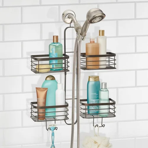 Miniatura 2 de mDesign Carrito de ducha colgante de acero metálico, estante organizador de 4 cestas para baño; sostiene cabezal de ducha de mano, manguera, champú