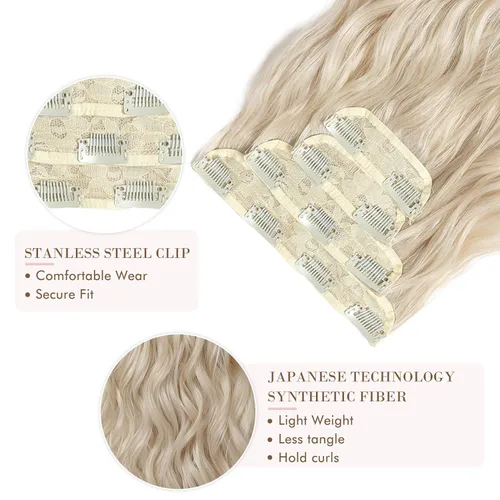 Miniatura 2 de REECHO Extensiones de cabello, 4 extensiones de cabello con clip, HE001, extensiones de cabello sintético suave natural para mujer, rubio claro