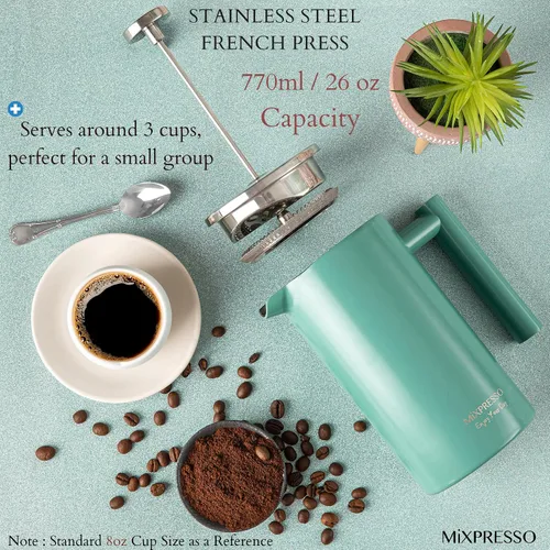 Miniatura 4 de Mixpresso Cafetera de Prensa Francesa de Acero Inoxidable Verde 26 Oz 770 Ml, Prensa Francesa de Acero Inoxidable con Aislamiento de Doble Pared