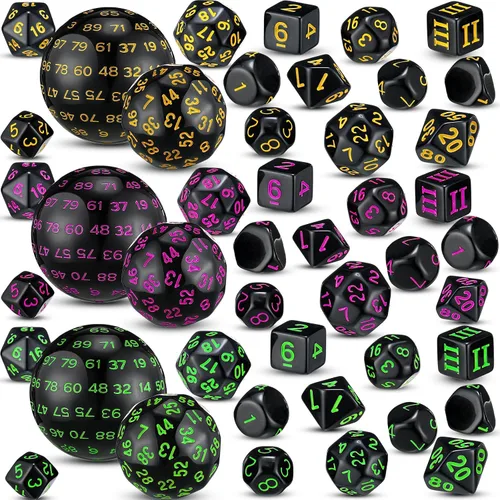 Miniatura 8 de Libima Juego completo de 3 dados poliédricos D3-D100 de 100 caras multicara D100 para juegos de rol y fiestas (colores clásicos)