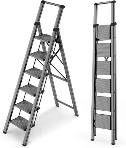 Miniatura 9 de WOA WOA Escalera de 6 peldaños, escaleras plegables ligeras con peldaños anchos, escalera delgada para espacios estrechos, escalera alta para techos