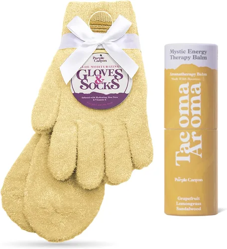 Miniatura 7 de Kit de cuidado de pies con calcetines y guantes hidratantes y bálsamo para talones de Purple Canyon Calcetines y guantes color durazno infundidos
