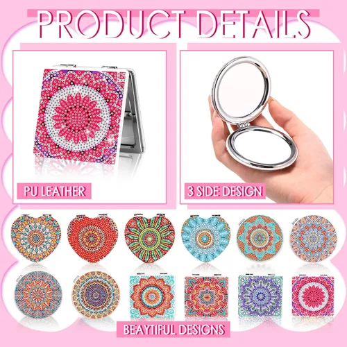 Miniatura 3 de Geetery 12 piezas de pintura compacto mini espejo DIY pintura portátil plegable de mano maquillaje monedero espejo diamante arte regalo conjunto