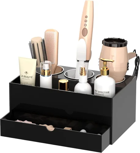 Miniatura 10 de NIUBEE Organizador de herramientas para el cabello, secadora de pelo acrílico negro y organizador de peinado, soporte para secadora de baño, soporte
