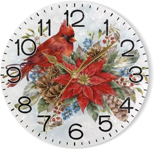 Miniatura 7 de Reloj de pared con diseño de flor de pascua de Navidad y pájaro de invierno, funciona con pilas, sin tictac, silencioso, de cuarzo, analógico, Flor
