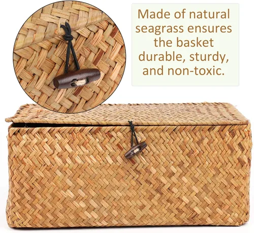 Miniatura 3 de Yesland Cesta de almacenamiento de ratán de hierba marina tejida a mano, 11.5 x 7.5 x 5 pulgadas, contenedor organizador de maquillaje rectangular