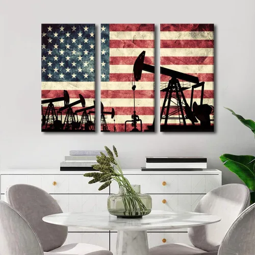 Miniatura 3 de 3 piezas de gato con bomba de aceite en la bandera de Estados Unidos, arte de pared, extracción de petróleo americano, decoración del hogar