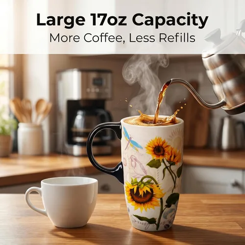 Miniatura 2 de Topadorn Taza de café de cerámica de girasol de 17 onzas con tapa, taza de té y café con leche de porcelana floral vintage, apta para microondas