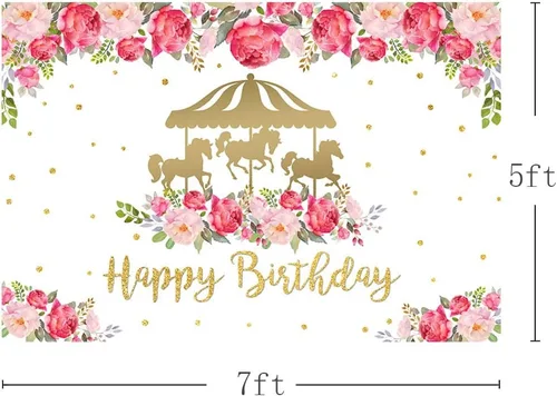 Miniatura 3 de AIBIIN Telón de fondo dorado de 7 x 5 pies con temática de carrusel de feliz cumpleaños para niña, flores rojas y rosadas, decoración de fiesta