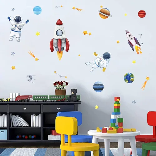 Miniatura 5 de Yovkky Calcomanía de pared de astronauta espacial, nave espacial, galaxia, sistema solar, planeta, pegatina, acuarela, cohete, cosmonauta, nave