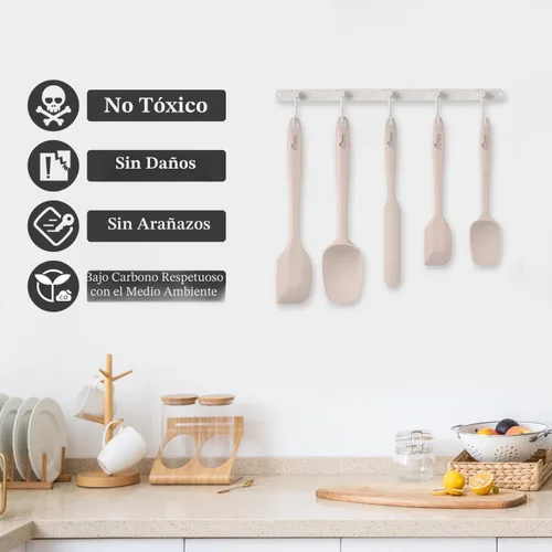 Miniatura 6 de HOTEC Juego de 5 espátulas de goma de silicona resistentes al calor de 600 ℉, sin BPA, para cocina, hornear, mezclar para utensilios de cocina Caqui