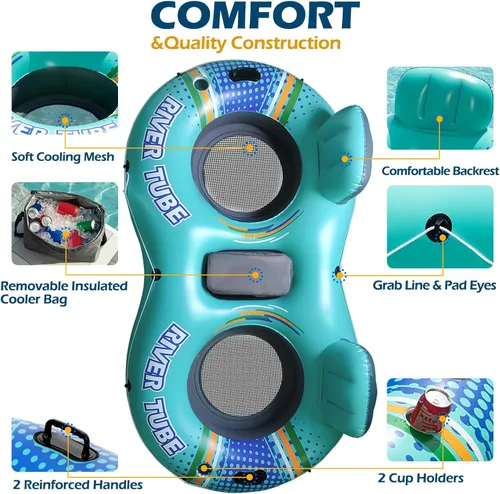 Miniatura 7 de Jasonwell Flotador Inflable para 2 Personas de Alta Resistencia para Río/Piscina con Enfriador Desmontable, Tubos para Lago, Balsa Flotadora de Río