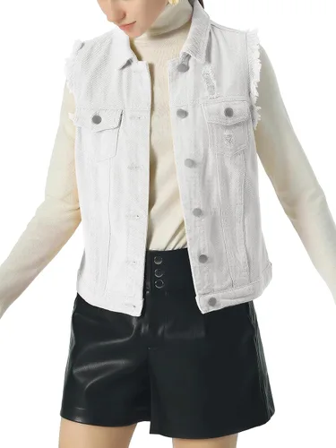Miniatura 3 de ebossy Chaqueta de mezclilla desgastada sin mangas de color caramelo para mujer