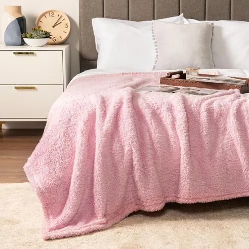 Miniatura 6 de PAVILIA Manta de sherpa para sofá, manta de felpa cálida y esponjosa rosa claro para cama, acogedora manta súper suave y ligera, manta decorativa