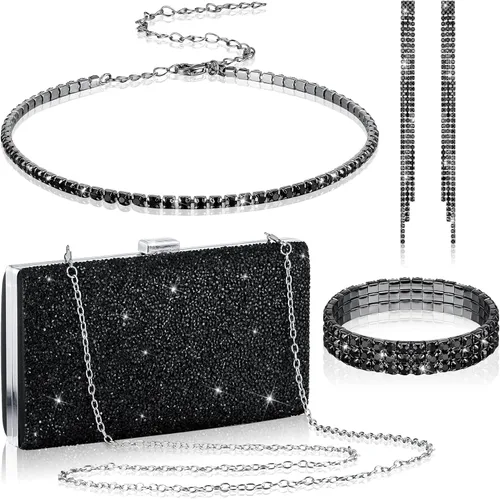 4 piezas de diamantes de imitación para mujer, bolsa de mano con clip para las orejas, gargantilla de novia, boda, pulsera colgante con purpurina