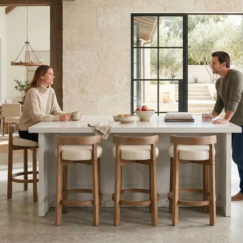 Miniatura 15 de LukeAlon Mid Century Linen Taburete Individual de Mostrador, Tapizado de 26.5" de Altura de Asiento, Taburetes Bajos con Patas de Madera Natural