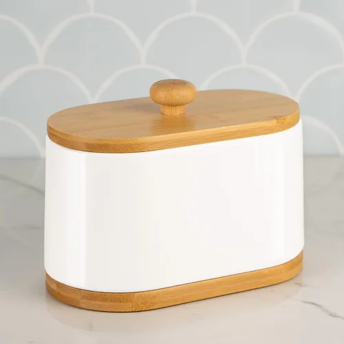 Miniatura 3 de DAILY RITMO Dispensador grande de hisopos de algodón blanco y soporte para bolas, contenedor de doble compartimento de dos caras con tapa de bambú