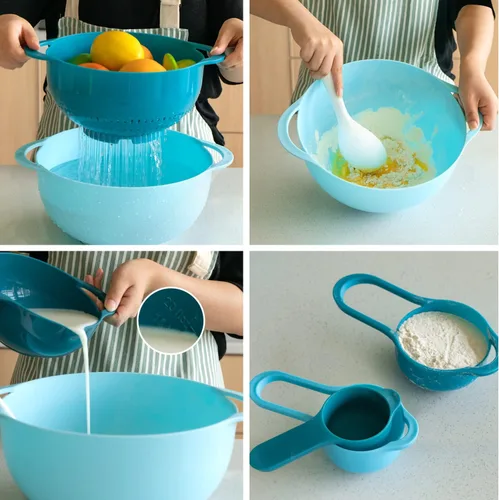Miniatura 6 de Juego de 8 tazones de mezcla de plástico para anidar, accesorios de cocina para apartamentos que ahorran espacio, incluye tazas medidoras, colador