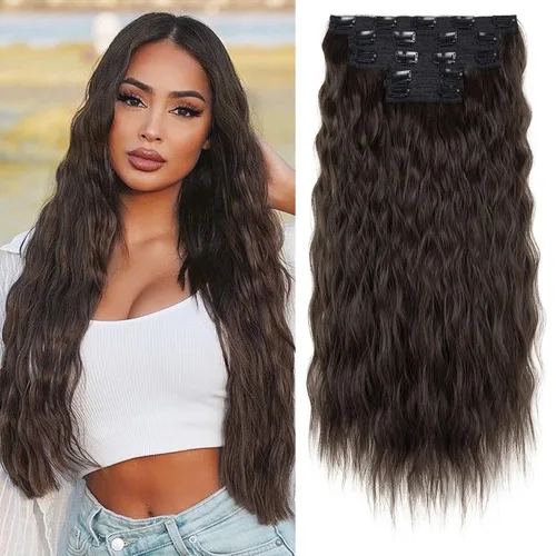 Miniatura 28 de REECHO Extensiones de cabello con clip, 5 piezas, de 24 pulgadas, de color rubio ceniza, extensiones de cabello con ondas largas y sueltas, HE002