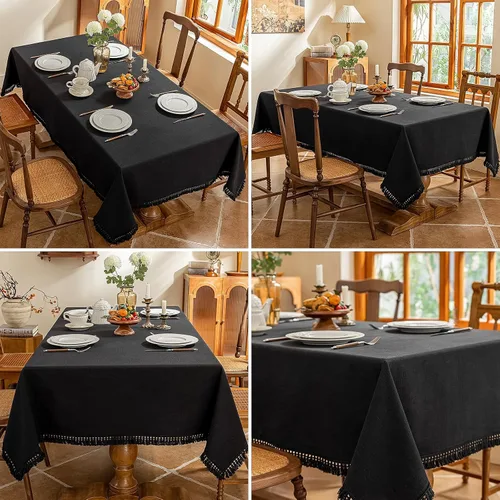 Miniatura 3 de AmHoo - Mantel de lino con borlas y bordado rectangular decorativo para mesa natural para cocina, comedor, buffet de boda, 55 x 55 pulgadas, negro