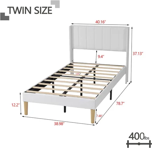 Miniatura 2 de Base de cama tapizada de tamaño individual con cabecero, listones de madera fuertes, no necesita somier, fácil montaje, lino blanco