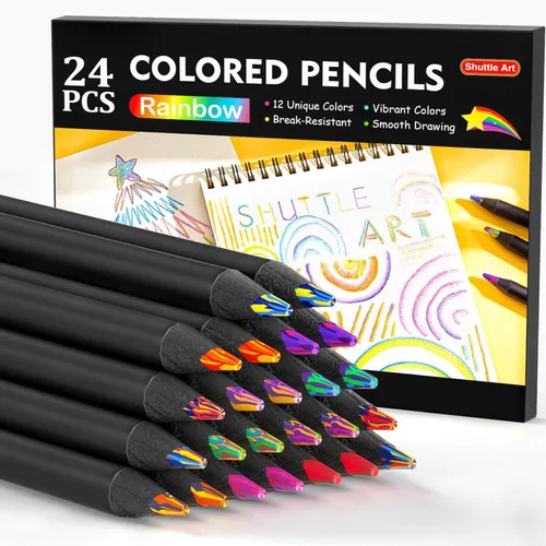 Shuttle Art 24 lápices arcoíris, 12 colores surtidos, 2 de cada uno, lápices de colores arcoíris preafilados, lápices multicolores para niños y