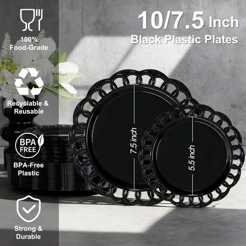 Miniatura 3 de COLOSUS Juego de 60 platos de plástico negro, platos barrocos elegantes, elegantes platos desechables con borde de encaje, platos de plástico
