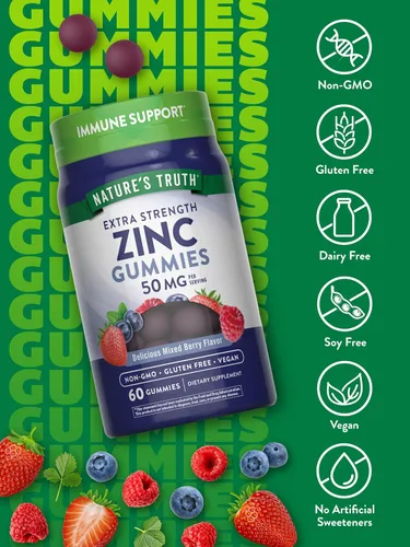 Miniatura 3 de Nature's Truth Gomitas de zinc para adultos 50 mg 60 unidades Suplemento extra fuerte vegano, sin OMG y sin gluten Sabor mixto de bayas