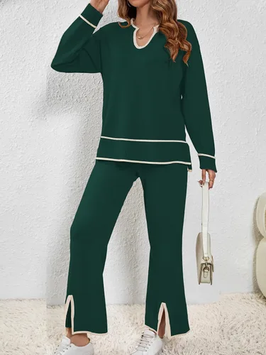 Miniatura 7 de SuperPrity Conjunto de 2 piezas de suéter para mujer, con cuello de muesca, manga larga, suéter de punto y pierna ancha