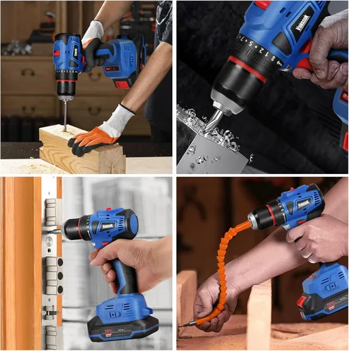 Miniatura 8 de Vniissok Juego de taladro inalámbrico, destornillador de impacto eléctrico sin escobillas de 18 V con batería y cargador, portabrocas sin llave