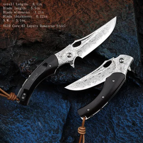 Miniatura 5 de Cuchillo plegable japonés VG10 de acero Damasco de 3.5 pulgadas para exteriores con mango de madera negra, cerradura forrada, uso EDC y camping