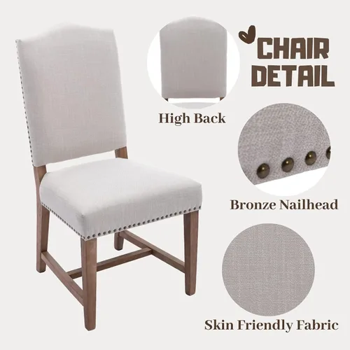 Miniatura 6 de ROCITY Juego de 2 sillas de comedor de lino tapizadas color beige, sillas laterales de cocina con patas de madera y ribete de cabeza de clavo