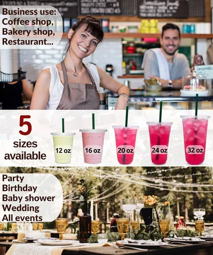 Miniatura 5 de [100 juegos] Vasos de plástico transparente de 24 onzas con tapas y pajitas, vasos desechables de fiesta para llevar café helado, bebidas frías