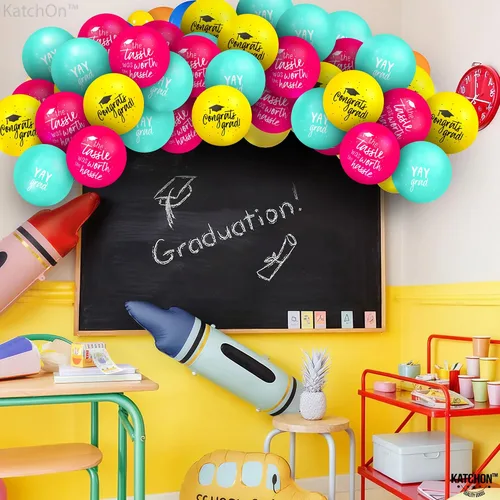 Miniatura 5 de KatchOn, Juego de globos de graduación azules, amarillos y rosados, 12 pulgadas, paquete de 75 Globos de graduación de felicitaciones, globo Yay